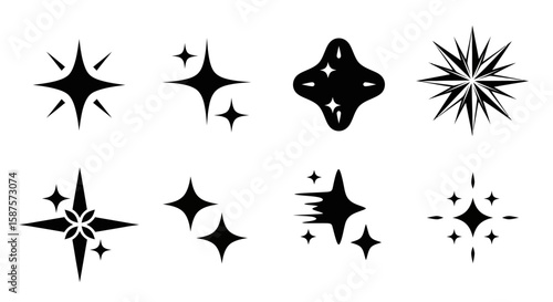 Sparkling Starlight: A constellation of radiant stars, a visual symphony of luminosity. The image shows eight different star shapes each exuding brilliance