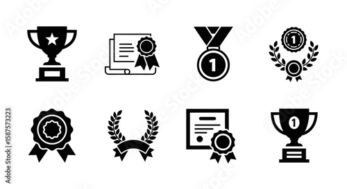Iconic Emblems of Merit and Recognition: A comprehensive collection of meticulously crafted icons showcasing a variety of awards, including trophies, medals, certificates, and laurel wreaths.