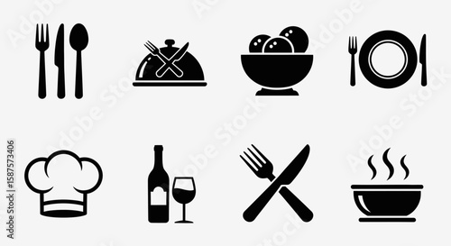 Restaurant Icon Collection: A meticulously designed set of culinary icons, perfect for restaurant menus, food blogs, and any project celebrating the art of dining.