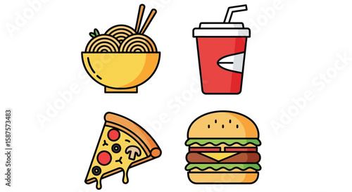 Iconic Food Variety: A vibrant array of common meals including steaming noodles in a bowl with chopsticks, pizza slice, a stacked burger, and a cup of soda ready to satiate appetite.