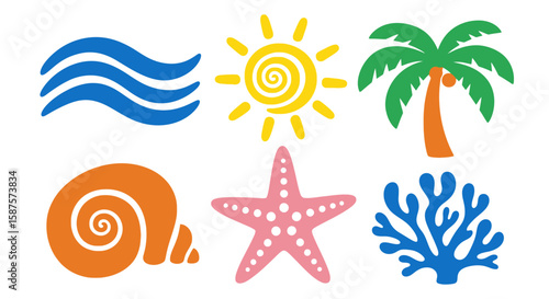 Seaside icons set: A vibrant collection of seaside icons including wave, sun, palm, shell, starfish, and coral, evoking the warmth and joy of summer vacation