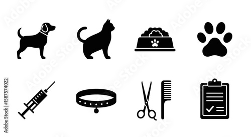Pet Care Essentials: A visual guide showcasing essential pet care elements, featuring a dog, cat, food bowl, paw print, syringe, collar, scissors, comb and clipboard.