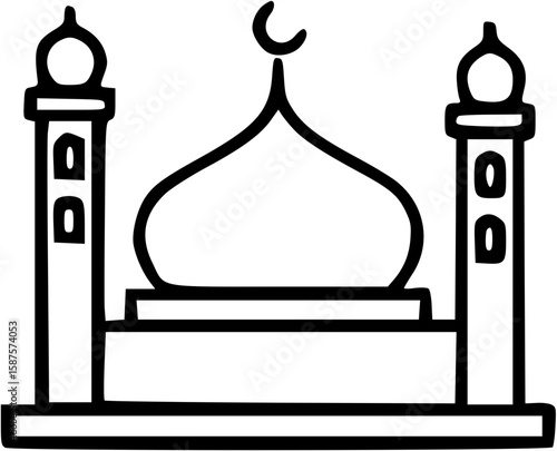 Simple black and white drawing of a mosque, featuring a dome and minarets.