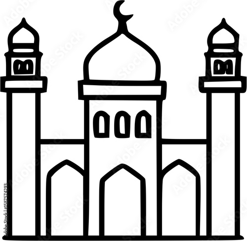 Simple black and white drawing of a mosque with minarets and a dome.