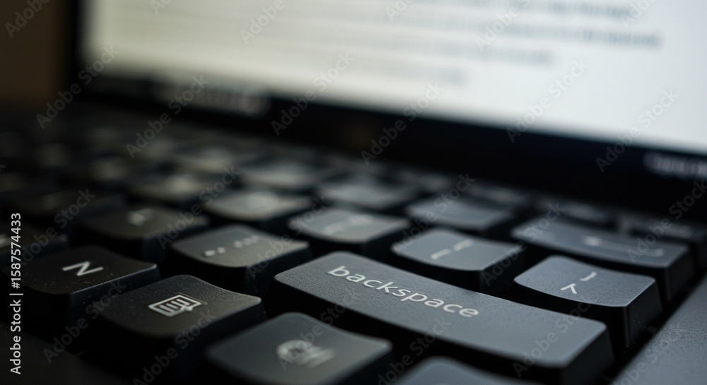 A close up shot of a laptop keyboard, focusing on the backspace key. The image highlights the technology and typing aspects of using a computer, with a modern and clean aesthetic. A close up shot of a laptop keyboard, focusing on the backspace key. The image highlights the technology and typing aspects of using a computer, with a modern and clean aesthetic.