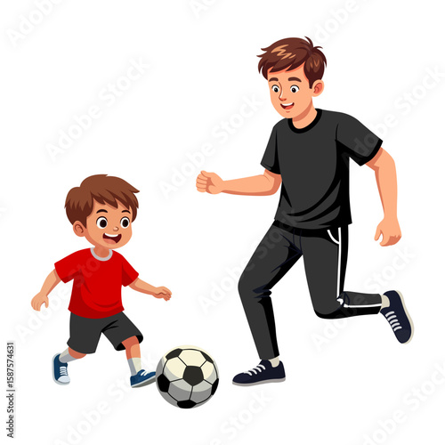 A cartoon illustration depicts two male figures, an adult or older youth and a young child, playing soccer on a white background.