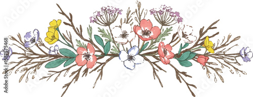 Nature-themed horizontal divider with wildflowers and branches, balanced and stylized, Adobe Illustrator