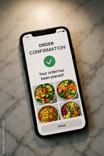 Smartphone showing food delivery order confirmation on marble background