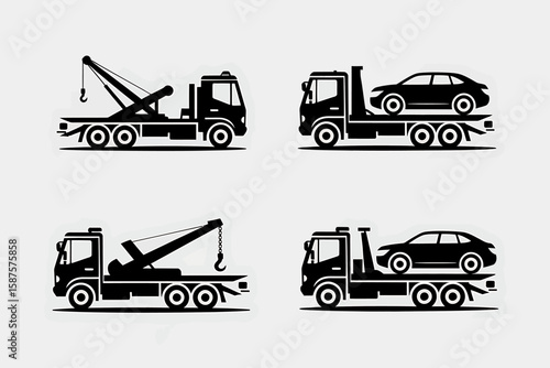 Tow Truck Icons Flatbed, Crane, and Vehicle Recovery Illustrations