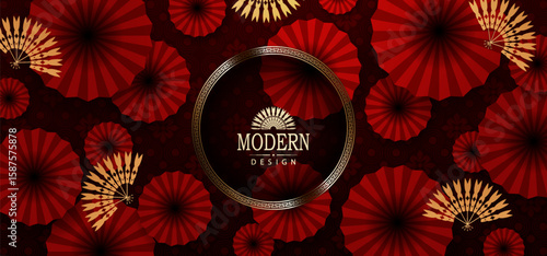 Exquisite dark red card with Chinese fan and isolated figured frame.