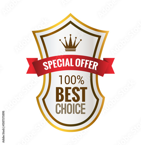 Exquisite Emblem: A gleaming badge exudes prestige, elegantly proclaiming a special offer, with 100% being the best selection, conveying elegance and value.