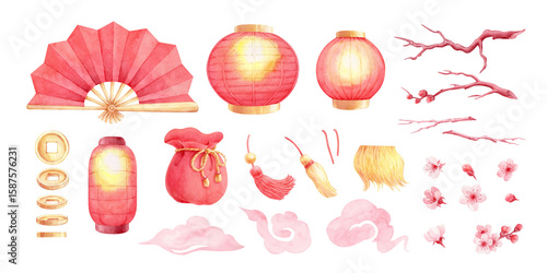Cuadro en lienzo an, lanterns, tassels, coins, coin bag, branches, plum blossoms, clouds on white background