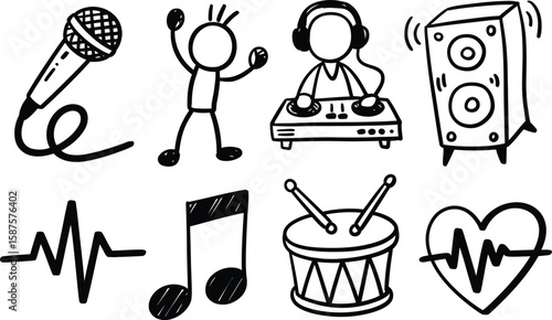 Hand-Drawn Music & DJ Icons: Microphone, Dancer, DJ Console, and Speaker Set

