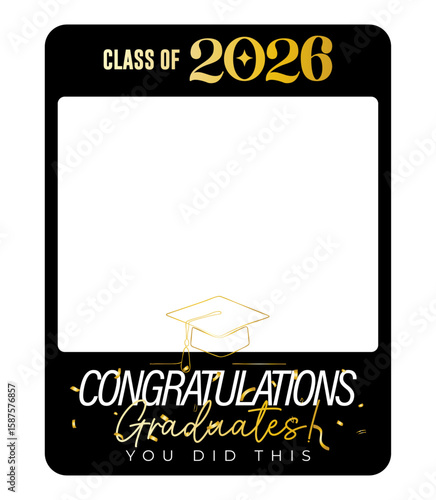 Elegant Black and Gold “Class of 2026” Graduation Photo Frame Template with Cap Icon and Modern Typography for Celebration Announcements, Party Decor, or School Event Use