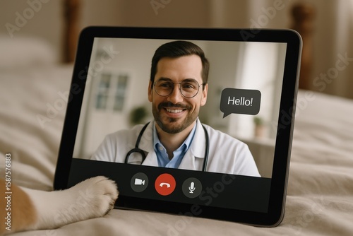 Virtual veterinary consultation with a friendly doctor on tablet screen and dog's paw