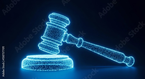 A glowing blue gavel symbolizes law and justice in a digital representation of the legal system