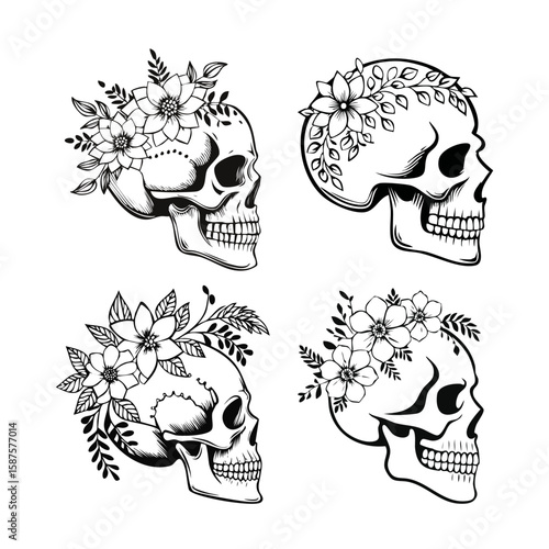 Bundle: 4 Floral Skull Vector Side Designs – Flowers Around the Craniums