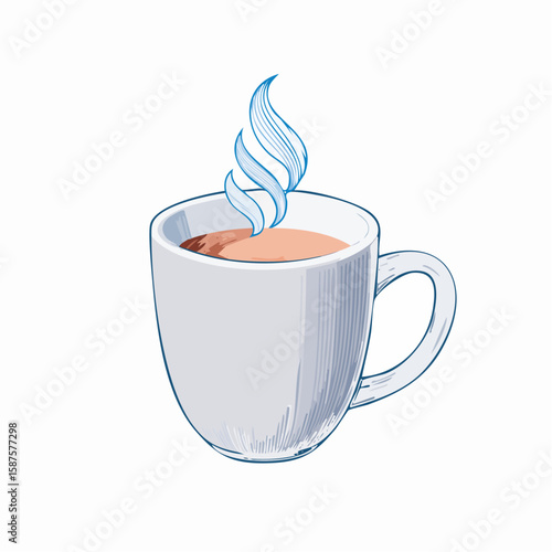  Line sketch of a hot drink mug with steam, simple form and smooth surface design.
