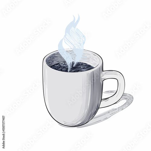  Line sketch of a hot drink mug with steam, simple form and smooth surface design.