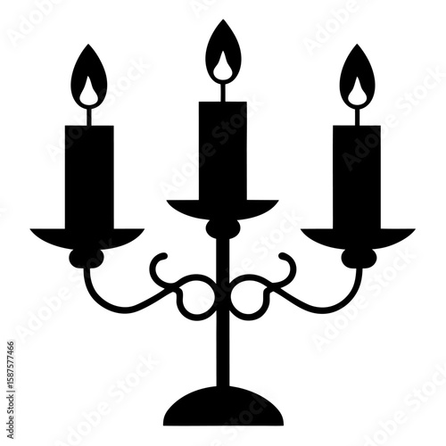 Elegant silhouette of a classic candle holder with three lit candles isolated on white background