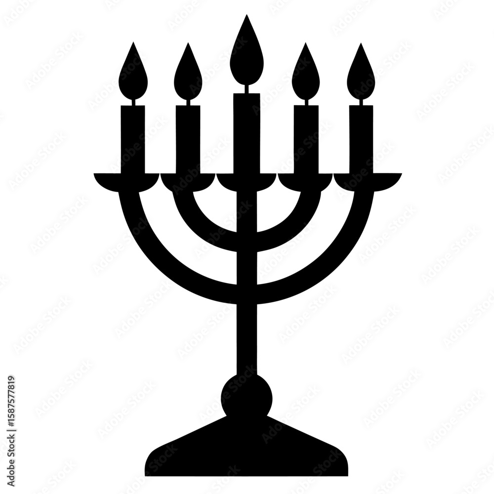 Fototapeta premium Elegant silhouette of a menorah with a lit shamash candle isolated on white background