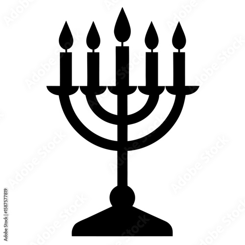Elegant silhouette of a menorah with a lit shamash candle isolated on white background