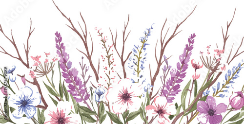 Nature-themed horizontal divider with wildflowers and branches, balanced and stylized, Adobe Illustrator