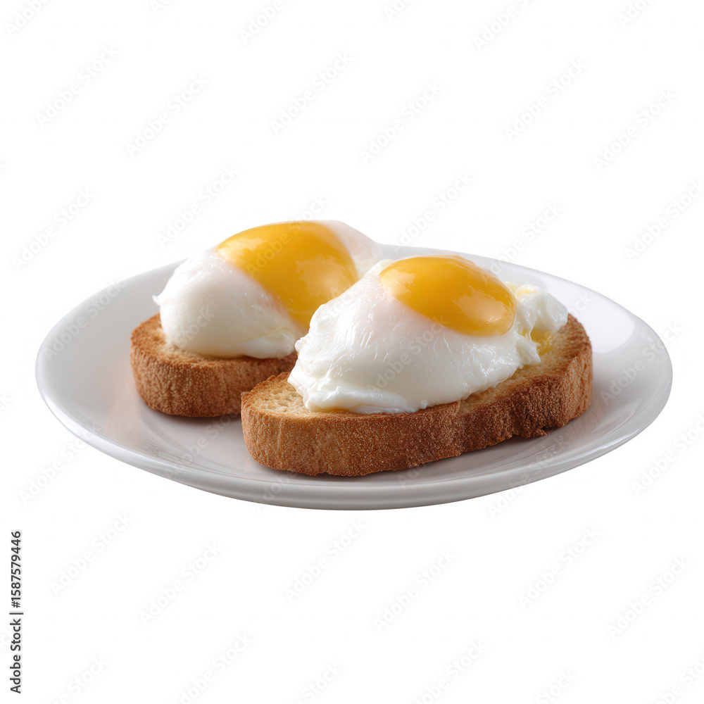 Fototapeta premium Two poached eggs served on slices of toasted bread, beautifully arranged on a white plate, ideal for a healthy breakfast or brunch.