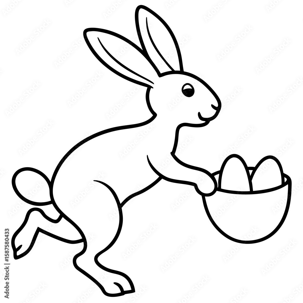 Obraz premium Charming line art of an easter bunny hopping with a basket isolated on white background