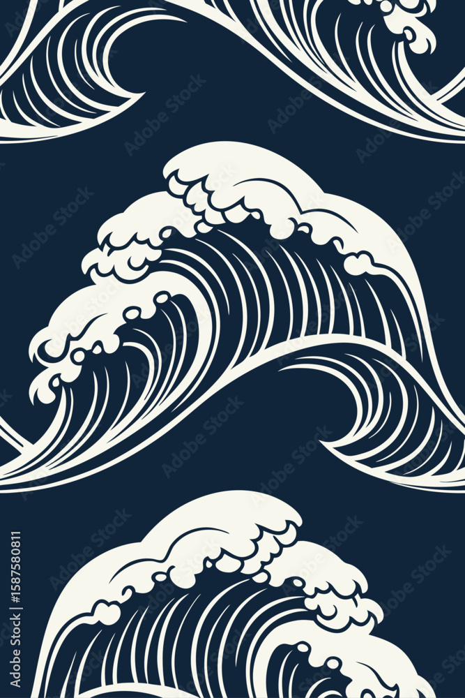 Obraz premium Cream Waves on Navy Blue Background ocean water