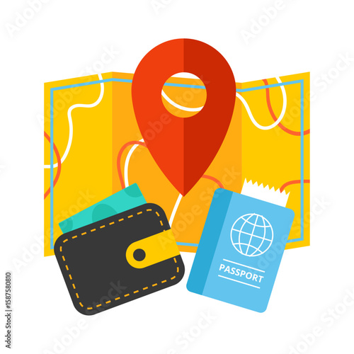 Travel Essentials: Passport, Map, and Wallet- a minimalist depiction of the fundamental items for travel: a detailed map, a passport for identification, and a wallet for financial transactions.