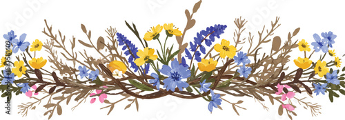 Nature-themed horizontal divider with wildflowers and branches, balanced and stylized, Adobe Illustrator