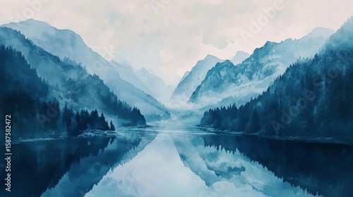 Fototapeta Naklejka Na Ścianę i Meble -  Aerial view of a lake surrounded by mountains in watercolor style