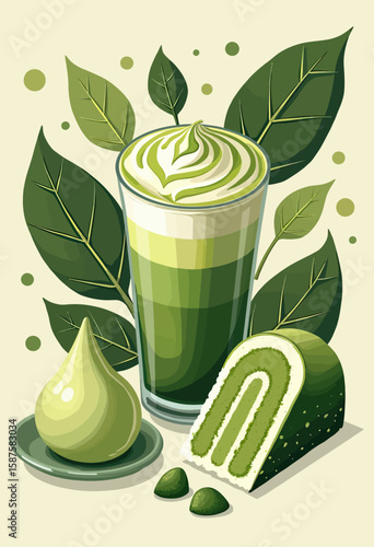 Indulge in Vibrant Matcha Delights: Creamy Green Tea Latte with Whipped Cream and a Delectable Matcha Roll Cake, Showcasing a Wholesome and Visually Appealing Dessert Experience.
