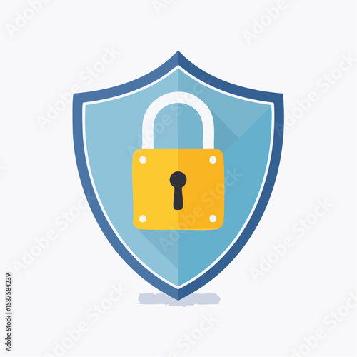 Flat vector illustration of a closed padlock with a shield in front, symbolizing digital security and protection, modern corporate color scheme