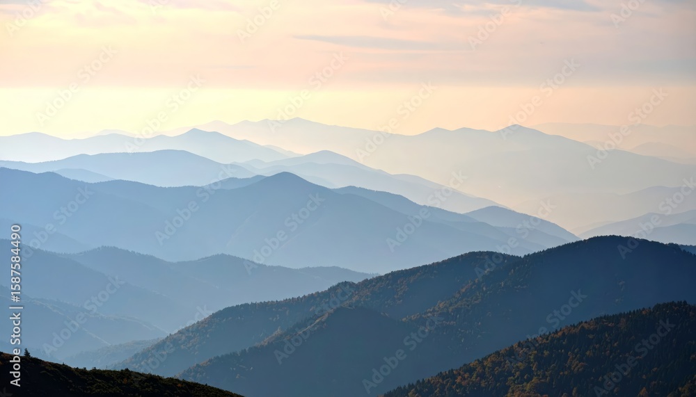 Naklejka premium Serene mountain landscape, majestic peaks covered in lush green trees