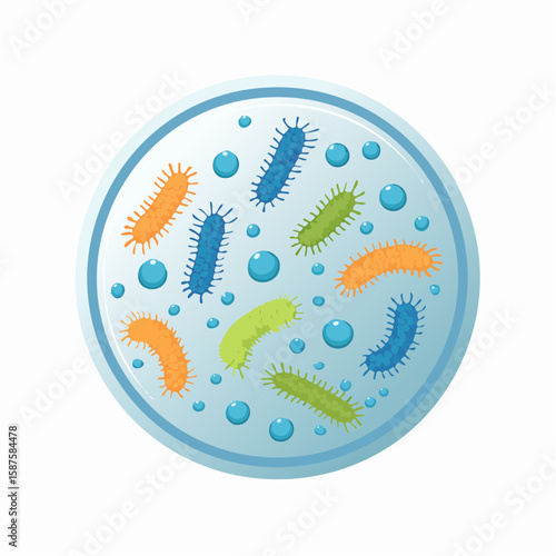 Flat vector illustration of bacteria growing on a petri dish, viewed from top-down, laboratory and microbiology theme