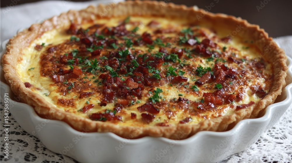 Bacon Quiche. Traditional French Pie - Delicious Quiche Lorraine with Cheese and Bacon Bacon Quiche. Traditional French Pie - Delicious Quiche Lorraine with Cheese and Bacon