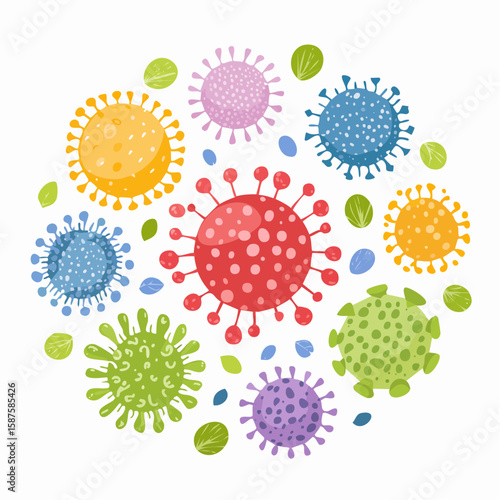 Flat vector of different types of viruses: spherical, helical, icosahedral, and complex viruses, labeled with educational captions