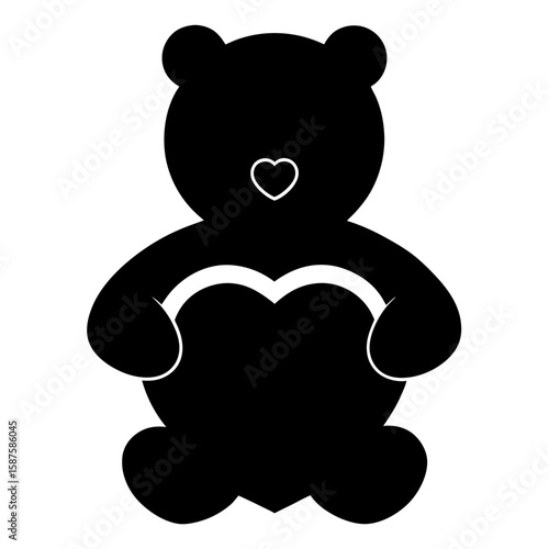 Silhouette of a teddy bear tenderly holding a heart isolated on white background