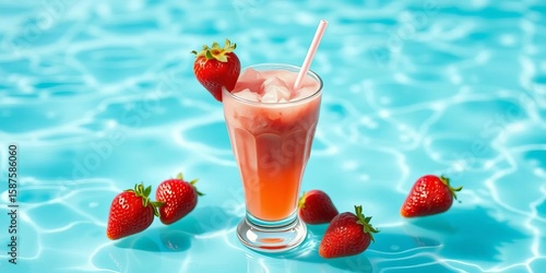 Fototapeta Naklejka Na Ścianę i Meble -  Vibrant strawberry granita on a turquoise sea background,   frozen dessert,   granita texture