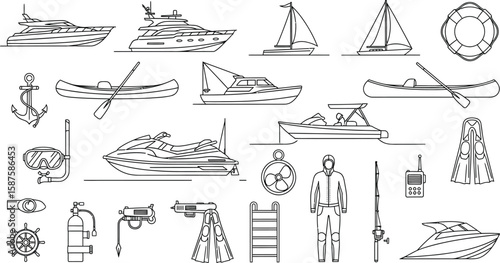 Vector icon set of watercraft and nautical equipment