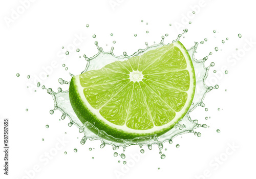 Lime slice with water splash fresh fruit isolated on transparent background