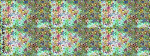 In asian textile style on neutral and green colors. Floral seamless pattern with watercolor flowers. Raster illustration.