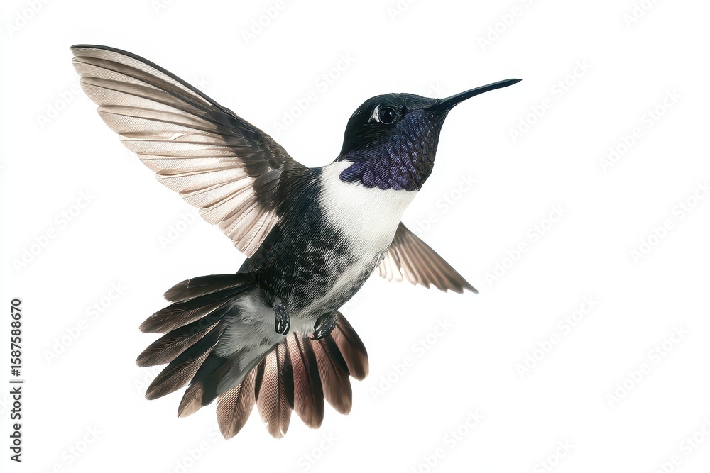 Fototapeta premium Black And White Hummingbird. Biology Of Colourful Feathers In Flight Isolated On White