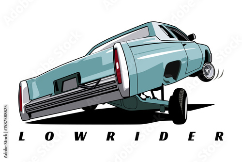 Blue Lowrider Car Rear View Jumping Illustration Art