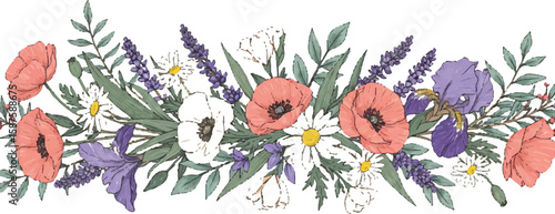 Nature-themed horizontal divider with wildflowers and branches, balanced and stylized, Adobe Illustrator