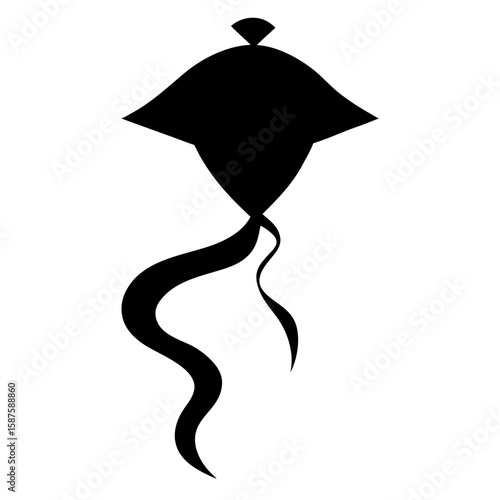 Black silhouette of a kite with flowing tail ribbons isolated on white background