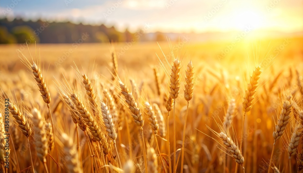 Fototapeta premium Golden wheat field at harvest time, a serene landscape bathed in sunlight