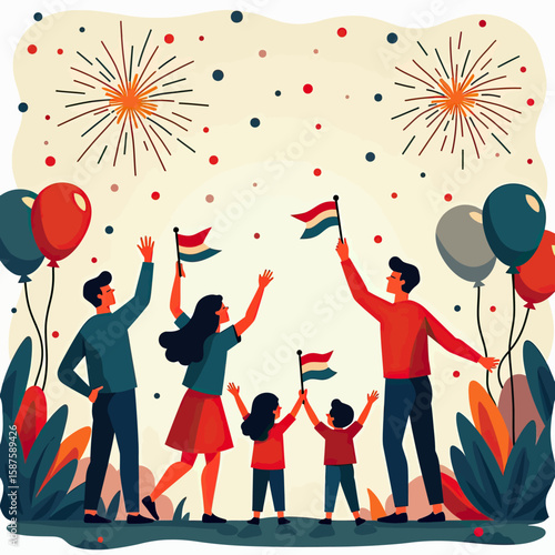 Celebrate National Unity: Vibrant Illustration of a Crowd Cheering Amidst Fireworks and Flags, Symbolizing Community Spirit, Patriotism, and Festive Gatherings for Public Events.
